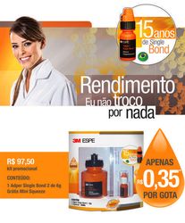 Single Bond comemora 15 anos de sucesso, com resultados confiáveis e excelente custo-benefício: um frasco rende até 280 restaurações. Single Bond comemora 15 anos de sucesso, com resultados confiáveis e excelente custo-benefício: um frasco rende até 280 restaurações.